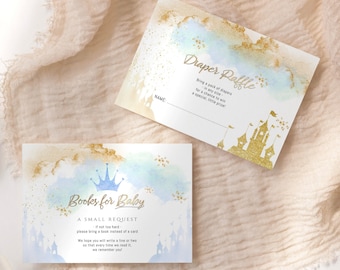 Prince Diaper Raffle Card, Fairytale Baby Shower Party Invite Game Cards Printable, Pastel Blue Gold Castle and Crown Decor, Editable P137