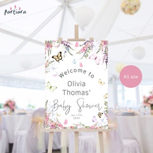 Floral Butterfly Welcome Sign Template, Editable Wildflower Butterflies Baby Shower Welcome Poster Decor Printable, Digital Download P256