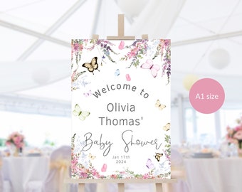 Floral Butterfly Welcome Sign Template, Editable Wildflower Butterflies Baby Shower Welcome Poster Decor Printable, Digital Download P256