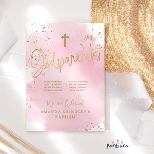 Liste des parrains et marraines de baptême imprimable, carte de remerciement de bienvenue pour table de baptême pour filles en or rose pastel, modèle modifiable à télécharger P761
