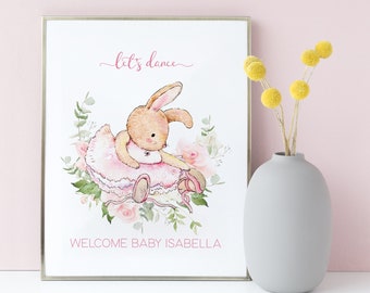 Floral Bunny Sign Baby Shower Party Table Poster Decoration Ballerina Tutu Printable Pastel Pink Greenery Editable Digital Download P62