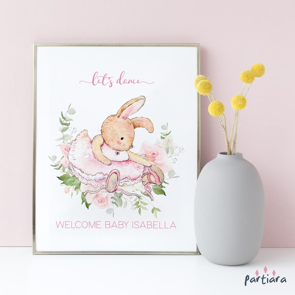 Floral Bunny Sign Baby Shower Party Table Poster Decoration Ballerina Tutu Printable Pastel Pink Greenery Editable Digital Download P62