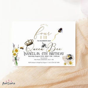 Queen Bee 4th Birthday Invitation Printable Girl&#39;s Fourth Tea Party Invite Editable Digital Download Template Black Gold Yellow Decor P89