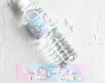 Girl 1st Birthday Unicorn Water Labels Printable ONE in a Million Pastel Rainbow Party Favors Label Editable Digital Download Template P179