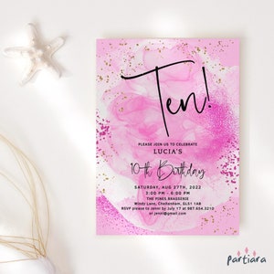Pretty in Pink 10.Geburtstags-Einladungsvorlage, Mädchen zweistellige Partyeinladung zum Ausdrucken, heißes Pastellrosa Prinzessinnendekor, bearbeitbar P523