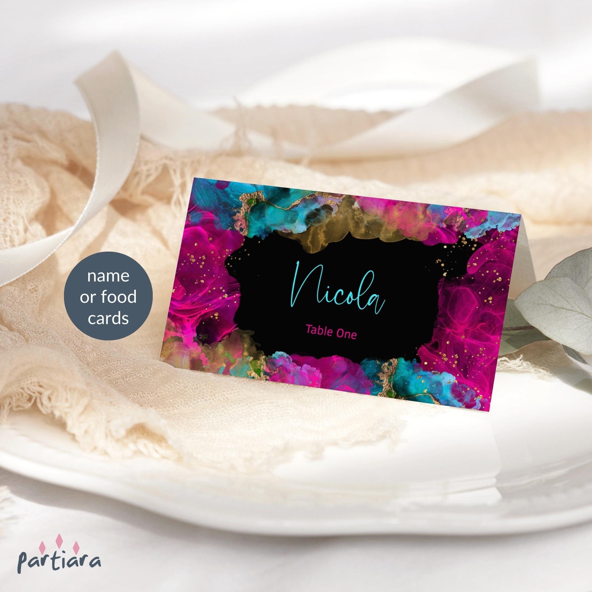 Hot Pink Teal Place Card, Seating Name Cards Printable, Ladies Birthday Dinner Party Table Decor, Food Tents, Editable Template P750