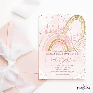 Double Digits Invite 10th Birthday Party Template, Girls Rainbow Party Invitation Printable, Pastel Pink Boho Decor, Editable P249 P136