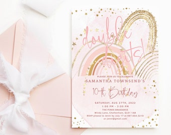 Plantilla de invitación para fiesta de cumpleaños número 10 de dos dígitos, invitación imprimible para fiesta de arcoíris para niñas, decoración bohemia en rosa pastel, editable P249 P136