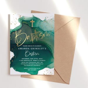 Baptism Invitation Emerald Green Template, Boy or Girls Summer Baptism 1st Birthday Party Invite Printable, Editable Digital Download P257