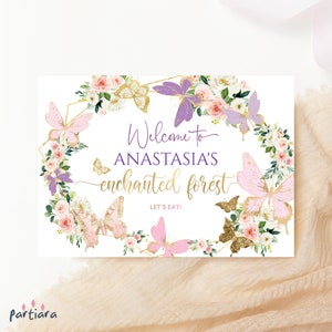 Modelo de jogo americano de floresta encantada, cartão de configuração de lugar de aniversário para impressão, decoração floral rosa para festa de jardim de borboletas para meninas, editável P328