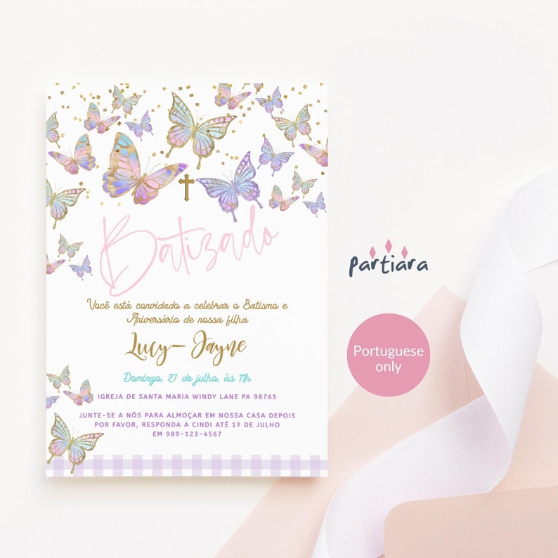 Portuguese Baptism Invite Girl Butterfly 1st Birthday Joint Baptism Party Invitation Pastel Rainbow Gold Decor Editable Digital Download P87 image 1