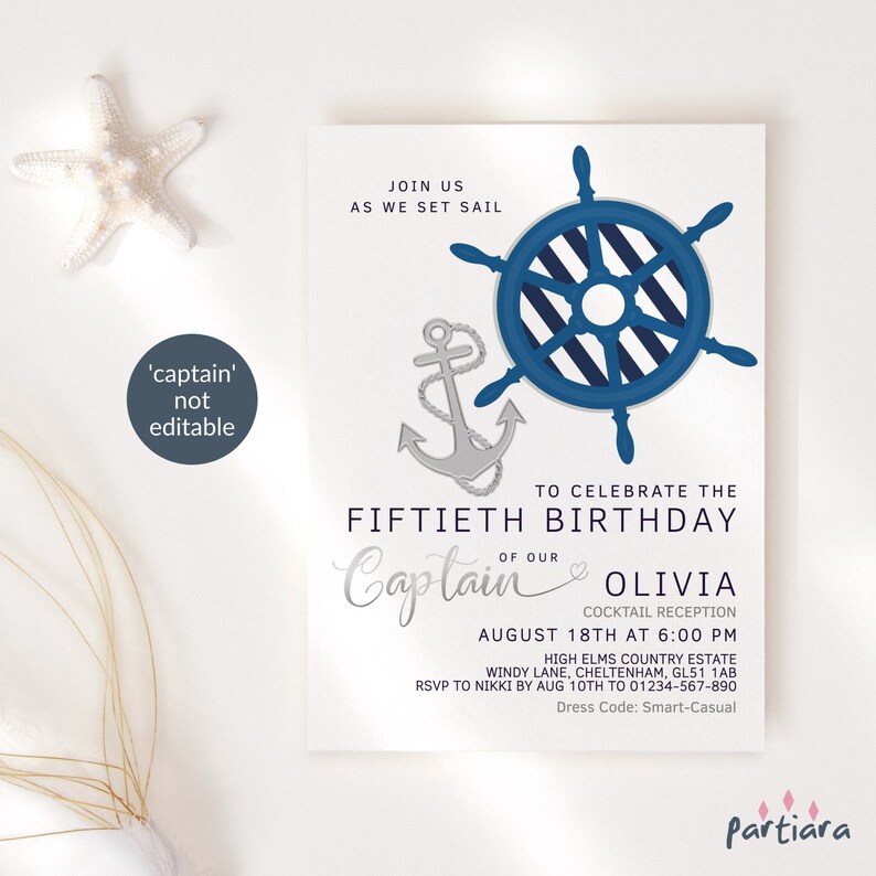 Nautical Theme Birthday Invitation Adult Cocktail Cruise Invite Printable Editable Men or Ladies Navy Blue Silver Decor