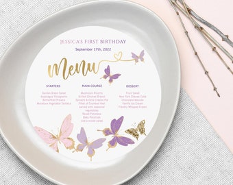Menu Plate Insert Butterfly Party Printable, Girl Baby Shower Charger Cards, Birthday or Baptism Decor, Editable Template Download P345