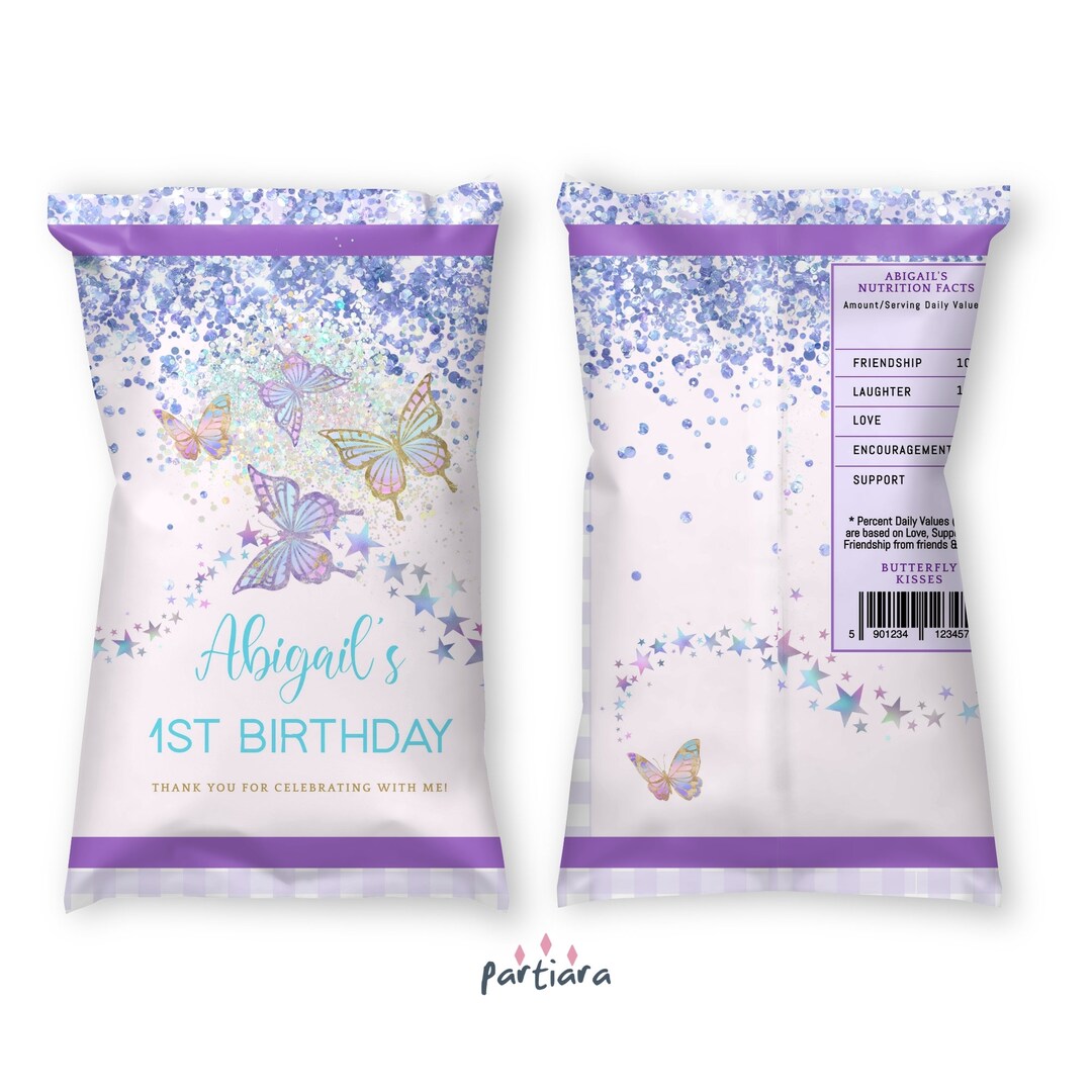 Glitter Butterfly Chip Bag Girl Baby Shower Party Favor Editable 1st