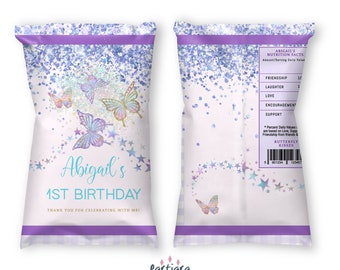 Glitter Butterfly Chip Bag Girl Baby Shower Party Favor Editable 1st Birthday Drive By DIY Printable Pink Purple Lilac Decor Download P87
