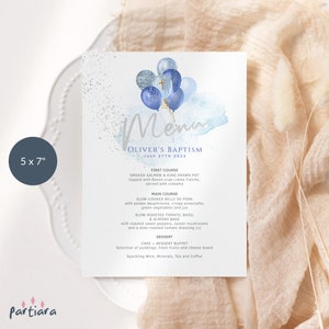 Junge Taufe Menü Kartenvorlage, Blau Silber 1. Geburtstag und Taufe Gemeinsame Party Tisch Menüs Printable, Taufballons, bearbeitbar P291