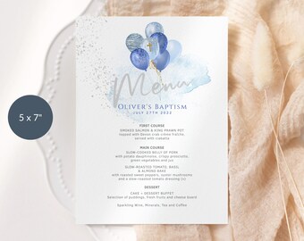 Blue Silver Baptism Party Menu Card Boys Christening Balloons Table Menus Printable Editable Digital Download Template P291 P10