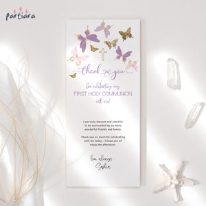 Taufe Danke Schmetterling Party Vorlage, Mädchen 1. Geburtstag Taufe Tisch Gedeck Karte Printable Rosa Lila Dekor Bearbeitbar P345