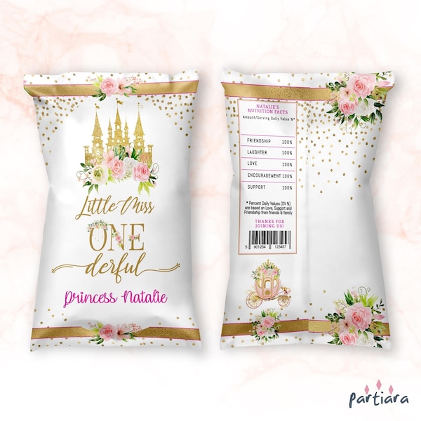 Girl Onederful Party Chip Bag 1st Birthday Princess Favors Label Printable Fairytale Castle Carriage Floral Pink Gold Editable Download P137