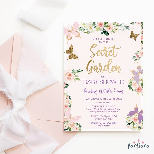 Butterfly Secret Garden Invite, Girl Baby Shower Enchanted Party Invitation Printable, Pastel Butterflies Blush Pink Lilac Editable P328