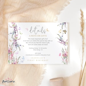 Kaart vlinderdetails, verjaardagsuitnodiging invoegen notitiekaart afdrukbaar, feestkaarten wilde bloemen bloemen meisjes, bewerkbare digitale download P256