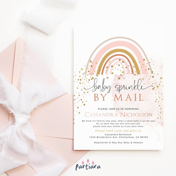Editable Baby Sprinkle by Mail Invitation Girl Long Distance Pink Rainbow Baby Shower from Afar Printable Digital Virtual Party Invite P136