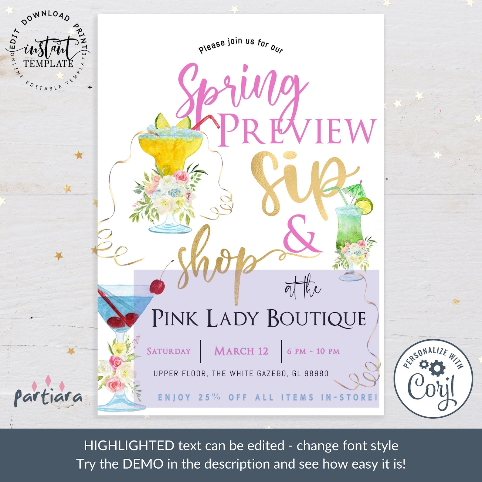 Spring Sip and Shop Invitation Template Summer Sale Preview | Etsy