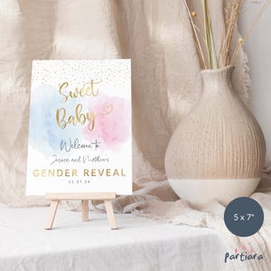 Gender Reveal Sign Boy Girl Baby Reveal Party Table Decoration Printable, Pastel Blue Pink Gold Clouds, Editable Digital Download P16