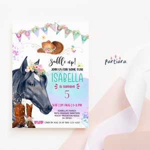 Birthday Horse Invitation, Girls Farm Party Invite Printable, Cowgirl Themed Summer Floral Invites Editable Digital Download Template P478