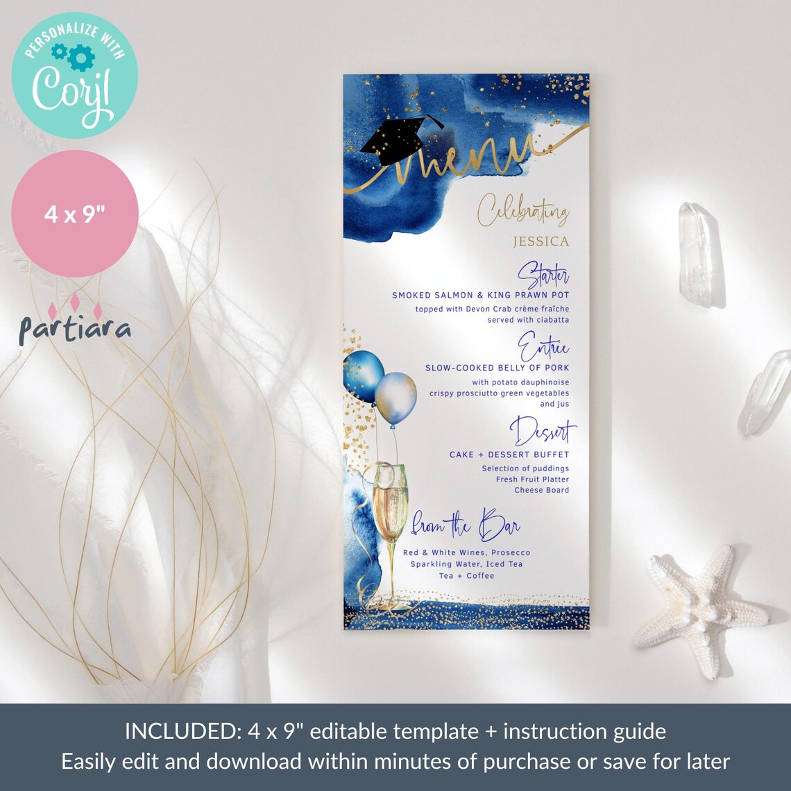 Blue Graduation Menu Template, Blue and Gold Grad Dinner Menus ...