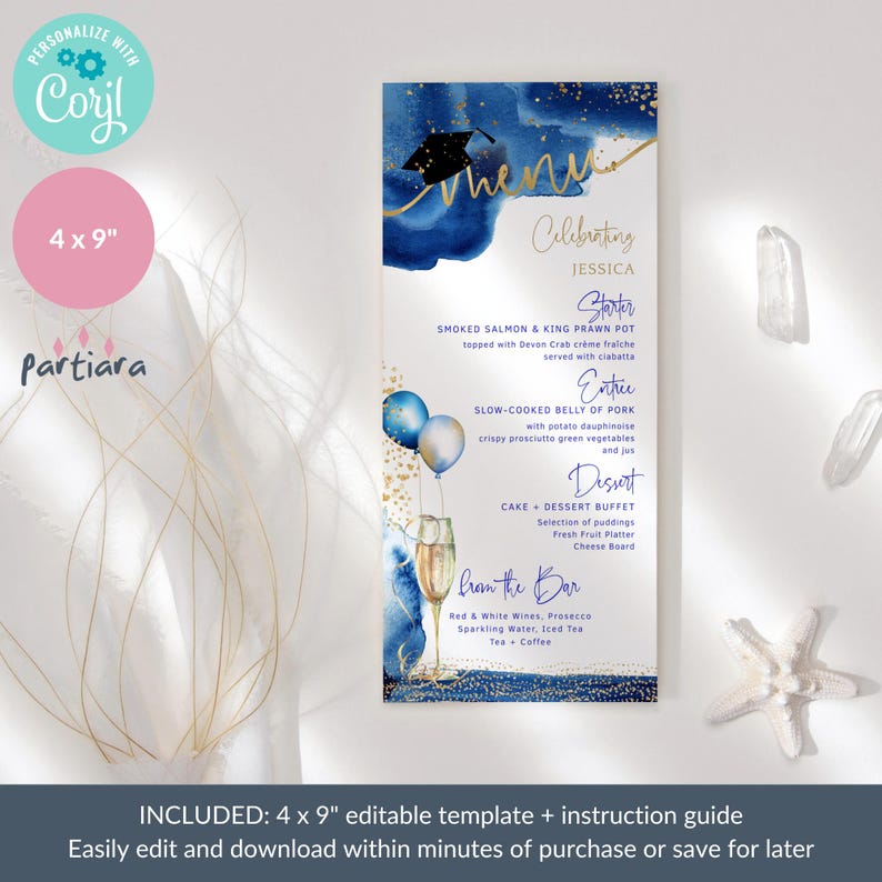 Blue Graduation Menu Template, Blue and Gold Grad Dinner Menus ...