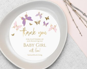 Butterfly Plate Insert Thank You Card Template, Girl Baby Shower Table Charger Printable, Pink Lilac Purple Decor, Editable Download P345
