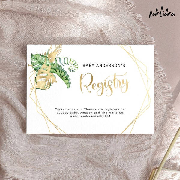 Editable Baby Shower Invitation Registry Details Card Boy Greenery Jungle Safari Theme Tropical Green Gold Leaves Decor Printable P153