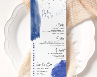 Blue Silver Menu Card Editable Template Mens Birthday Dinner Party Slim Table Menus Retirement Events Imprimable Digital Download P237