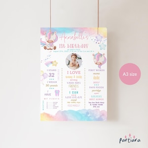 Modelo de placa de festa de unicórnio de 1º aniversário de marco, pôster de estatísticas de nascimento do primeiro ano para meninas para impressão, arco-íris pastel A3 editável P179