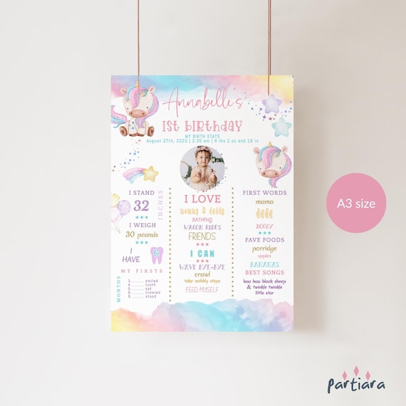 Unicorn 1st Birthday Milestone Chart, Pastel Rainbow A3 Birth Stats Poster (Editable Template) P179