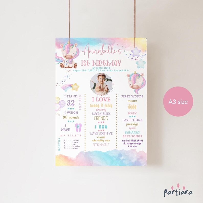 Puede incluir: Un cartel de hitos de primer cumplea&ntilde;os colorido con un tema de unicornio. El cartel incluye una foto de una ni&ntilde;a peque&ntilde;a, junto con detalles sobre su altura, peso y primeras palabras. El cartel est&aacute; decorado con arco&iacute;ris, estrellas y otros elementos caprichosos.