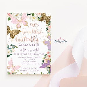 Butterfly Birthday Invitation Enchanted Garden Party Printable, Girls 1st Birthday Butterflies Invite, Pink Purple Floral, Editable P328