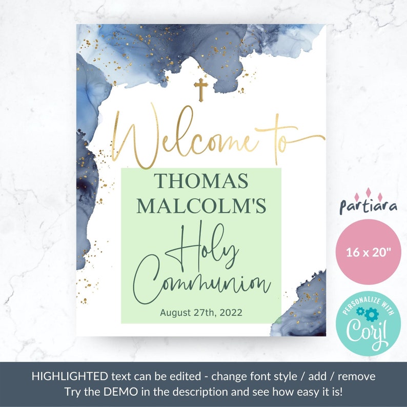Boy's Communion Welcome Sign Printable First Holy Communion Party Welcome Poster Decor Editable Download Template Navy Blue Gold P132 P239 image 3