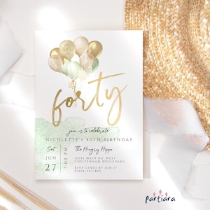 Editable 40th Birthday Invite Ladies Dinner Party Invitation Template Sage Mint Green Gold Balloons Decor Printable Digital Download P232