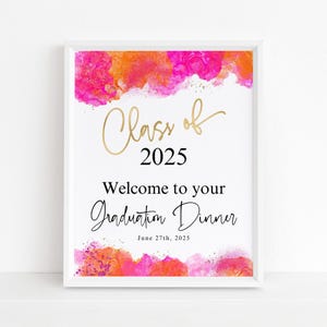 Sjabloon afstuderen welkom teken 2025, klasse van 2025 tafel welkomstposter afdrukbare, warm roze oranje tropisch zomer decor, bewerkbare P200
