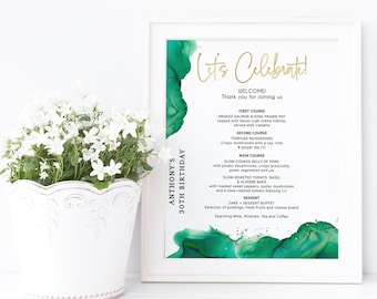Emerald Green Menu Sign, Lets Celebrate Birthday Dinner Party Menus Printable, Bar Table Menu, Ladies or Men, Editable Digital Download P257