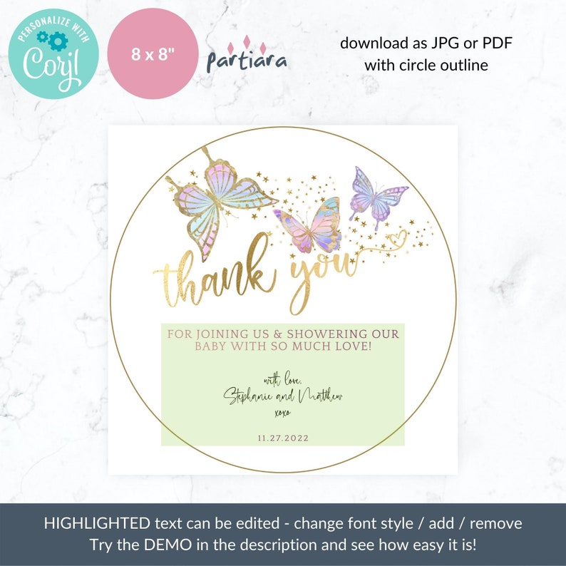 Butterfly Baby Shower Round Thank You Cards Girl 8 Circle Table Decoration EDITABLE TEMPLATE Pastel Butterflies Printable