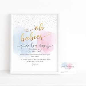 Twin Baby Shower Candy Spiel Zeichen druckbare, Pastell blau rosa Wolken Erraten Sie, wie viele Süßigkeiten im Glas Tisch Poster Dekor bearbeitbar P16
