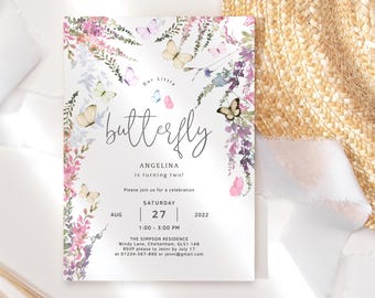 Wildflower Birthday Invitation Template, Girls 1st Birthday Butterfly Floral Party Invite Printable, Pastel Decor, Editable Download P256