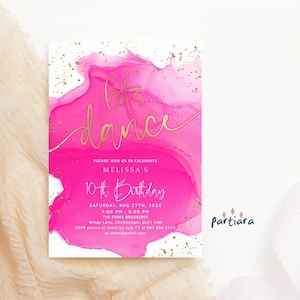 Dance Party Invitation Hot Pink and Gold Birthday Disco Invite Printable for Teen Girls or Ladies, Editable Download P200