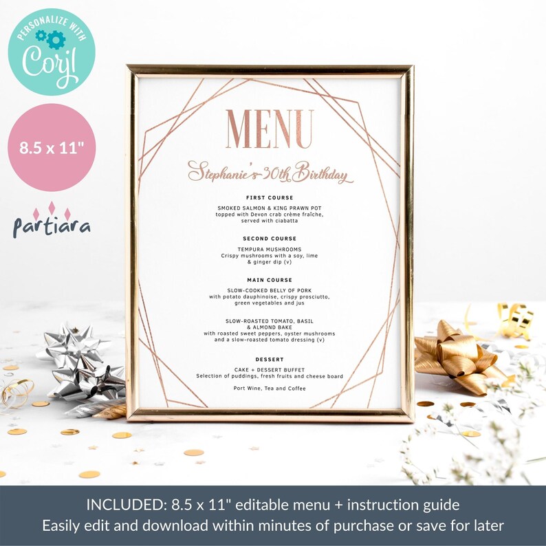 Rose Gold Menu Table Sign Printable Ladies Birthday Menus Etsy