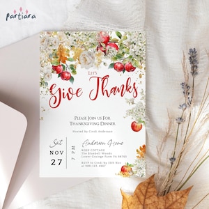 Vamos agradecer, convites para festa de Ação de Graças, panfleto para festa de Ação de Graças, decoração rústica com flores em creme, maçãs, para impressão, editável, download P833