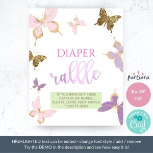 Butterfly Baby Shower Diaper Raffle Sign and Tickets Printable Girl Party Game Card Editable Digital Download Pink Lilac Decor P345 image 7