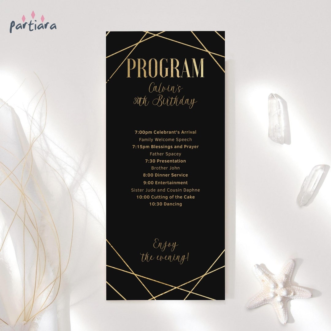 Program Card Editable Template Black and Gold Birthday Dinner Party ...